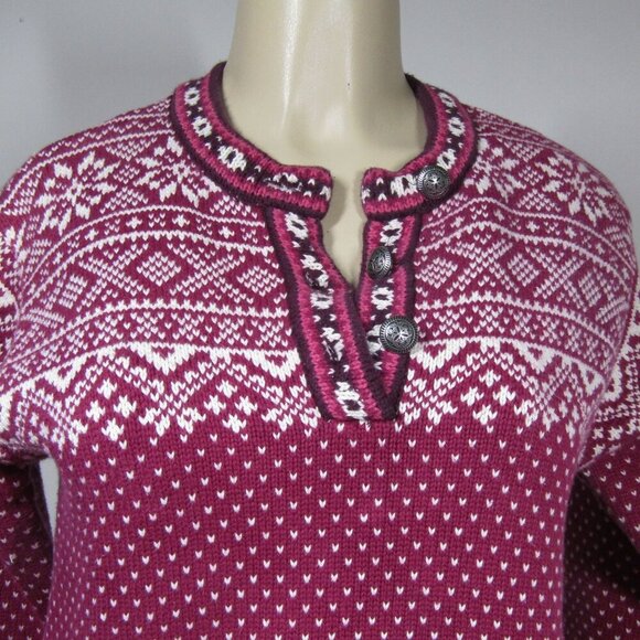 FAIR ISLE Nordic  S M Henley Ski Sweater Pullover Birdseye Cropped Snowflake - Picture 2 of 9